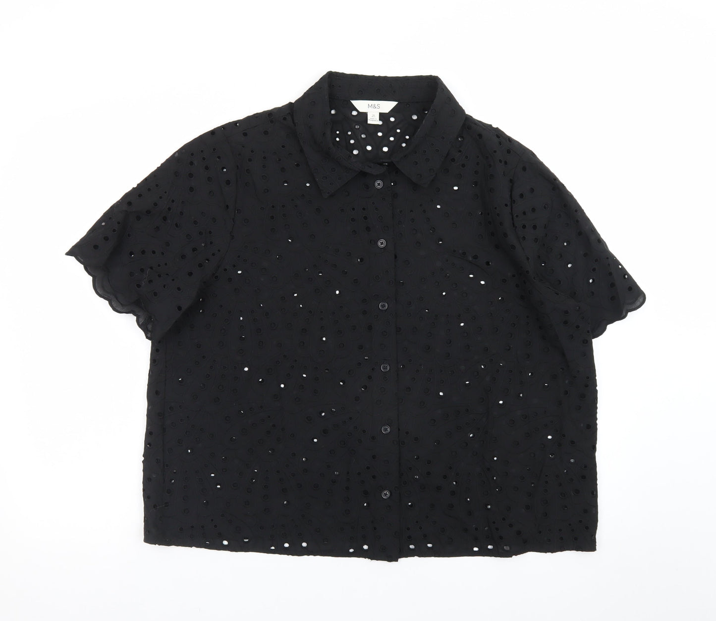 Marks and Spencer Women's Black Cotton Embroidered Short Sleeve Tunic Blouse Size 16