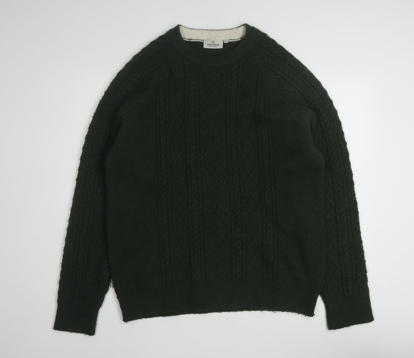 Passenger Men Green XL Cable Knit Crew Neck Pullover Jumper