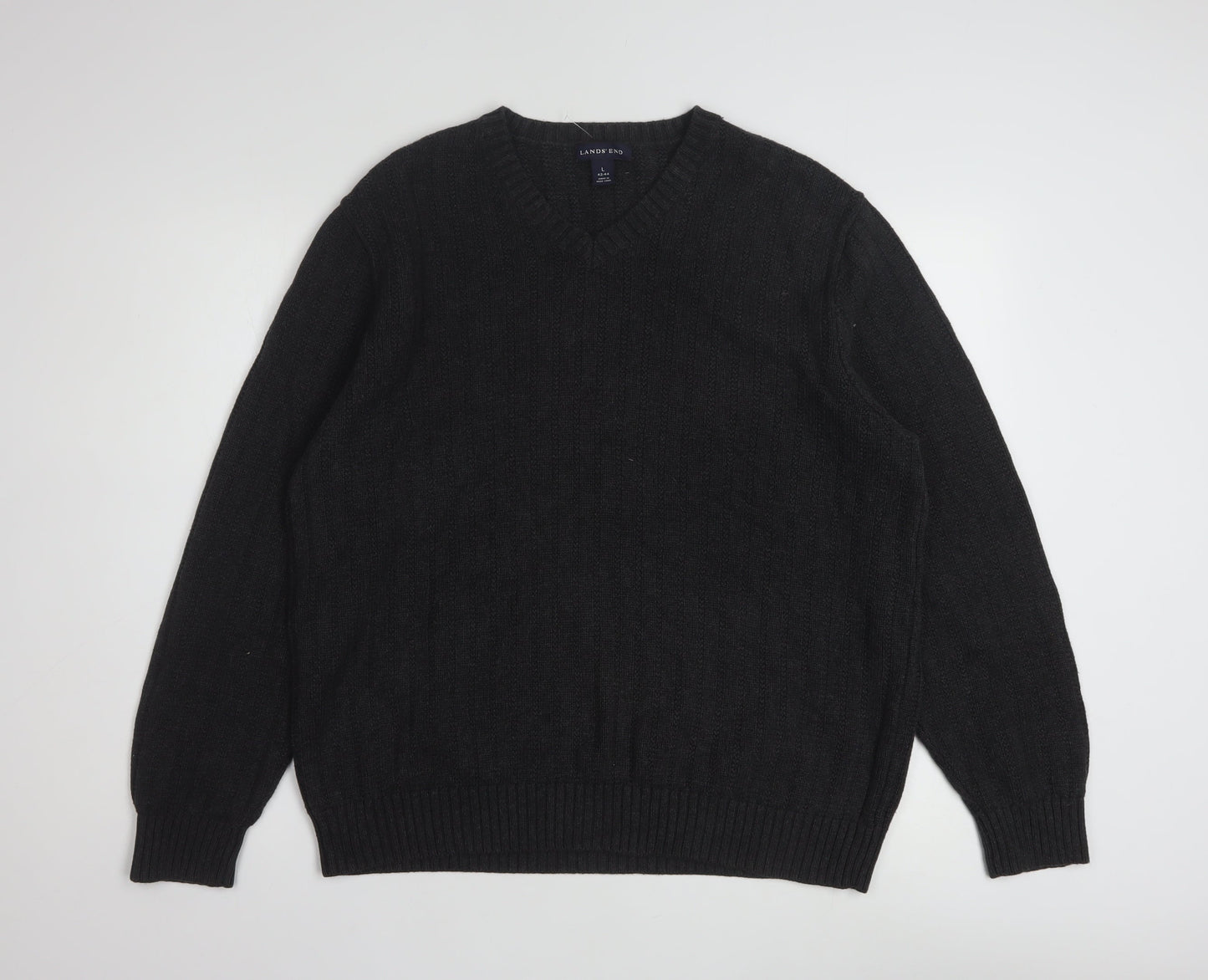 Lands' End Men's Black Cotton V-Neck Cable-Knit Jumper Size L