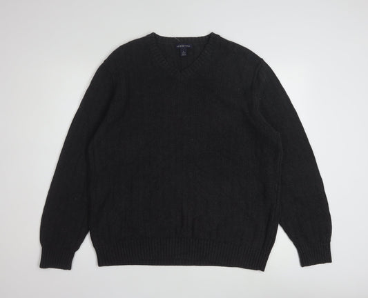Lands' End Men's Black Cotton V-Neck Cable-Knit Jumper Size L