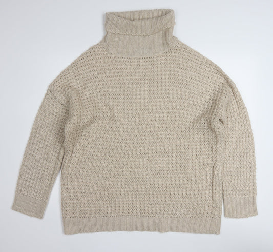 Boohoo Women Beige Roll Neck Chunky Knit Pullover Jumper L