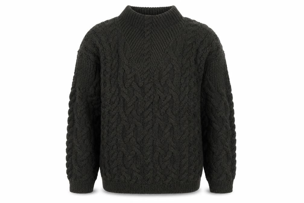 Baszio Men's Brown Hand Knit Wool Cable Pullover Jumper M