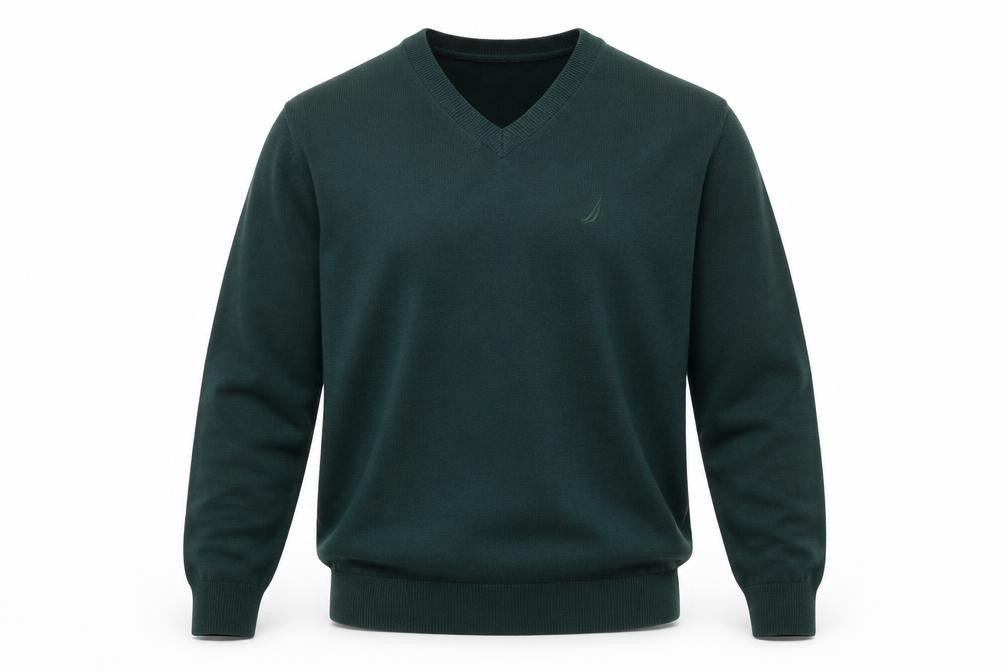 Nautica Men’s Green Cotton V-Neck Jumper Size M Classic Knit