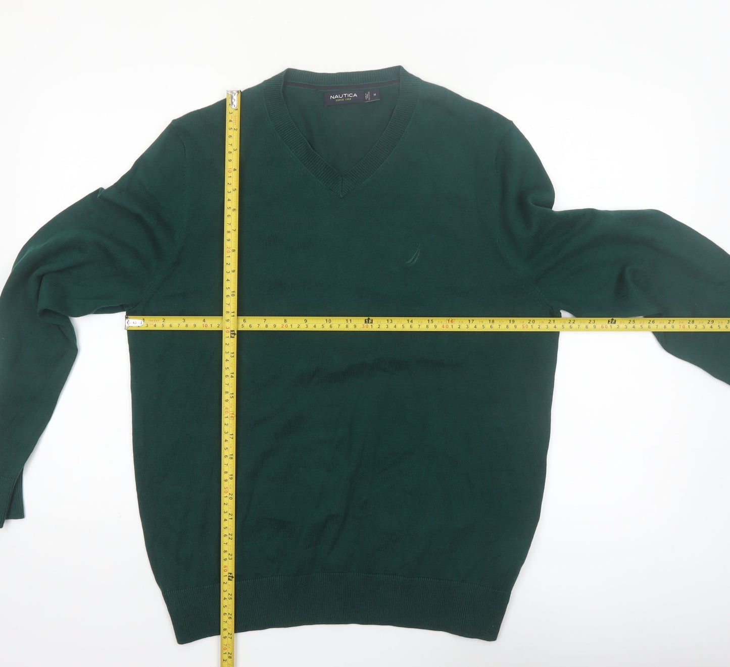 Nautica Men’s Green Cotton V-Neck Jumper Size M Classic Knit