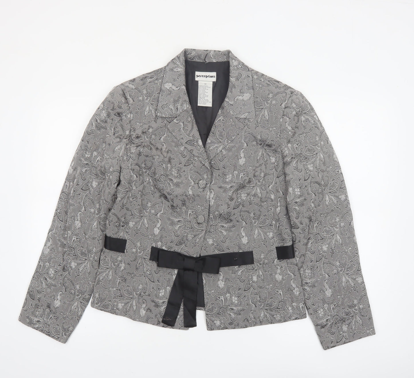 Perceptions Women Grey Floral Two-Piece Blazer Suit Jacket Size 12