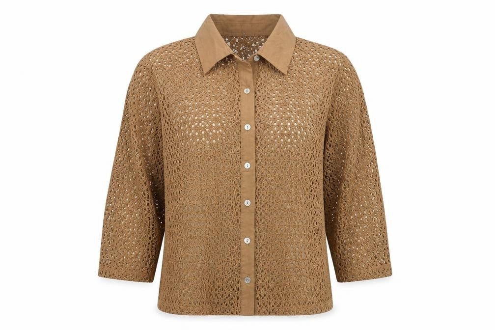 Norton McNaughton Women Brown Crochet Button-Up Petite L 3/4 Sleeve Blouse