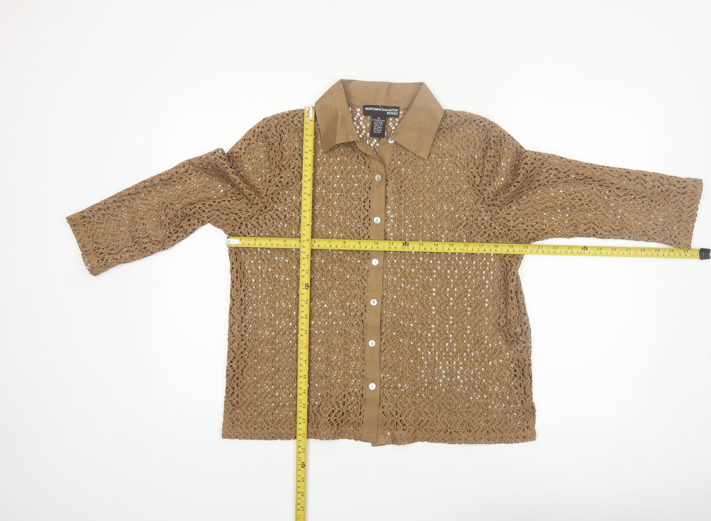 Norton McNaughton Women Brown Crochet Button-Up Petite L 3/4 Sleeve Blouse