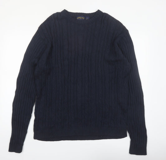 Shaver Lake Mens Blue XL Cotton Cable Knit Crew Neck Jumper