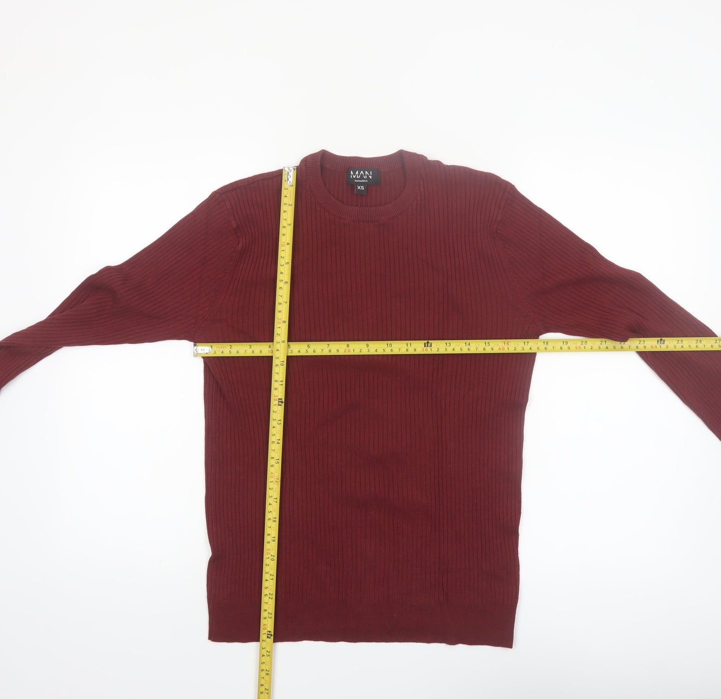 boohooMAN Men’s Red Ribbed Crew Neck Pullover Jumper XS Slim Fit