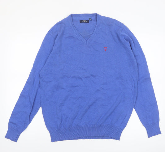 Bel Toro Men's Blue Cotton V-Neck Jumper Size L Classic Knit