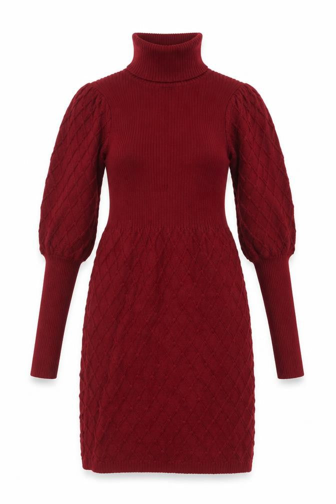 Simplee Women's Red Knit Roll Neck Puff Sleeve Sweater Dress M