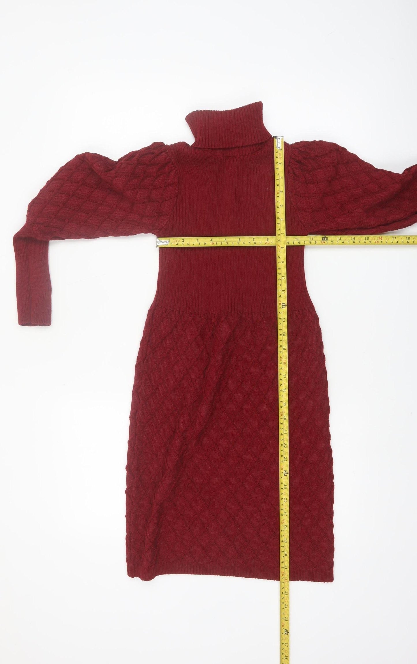 Simplee Women's Red Knit Roll Neck Puff Sleeve Sweater Dress M