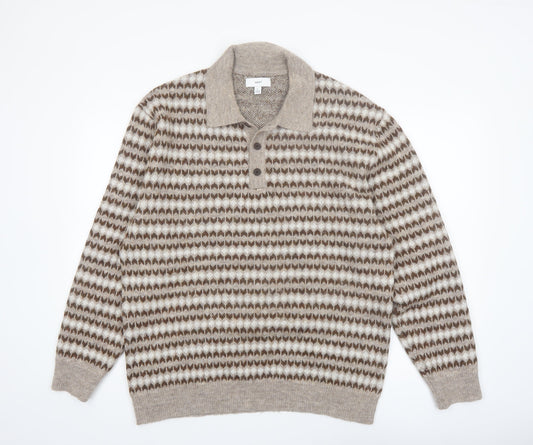 Next Men’s Beige Wool Blend Collared Henley Jumper Size L