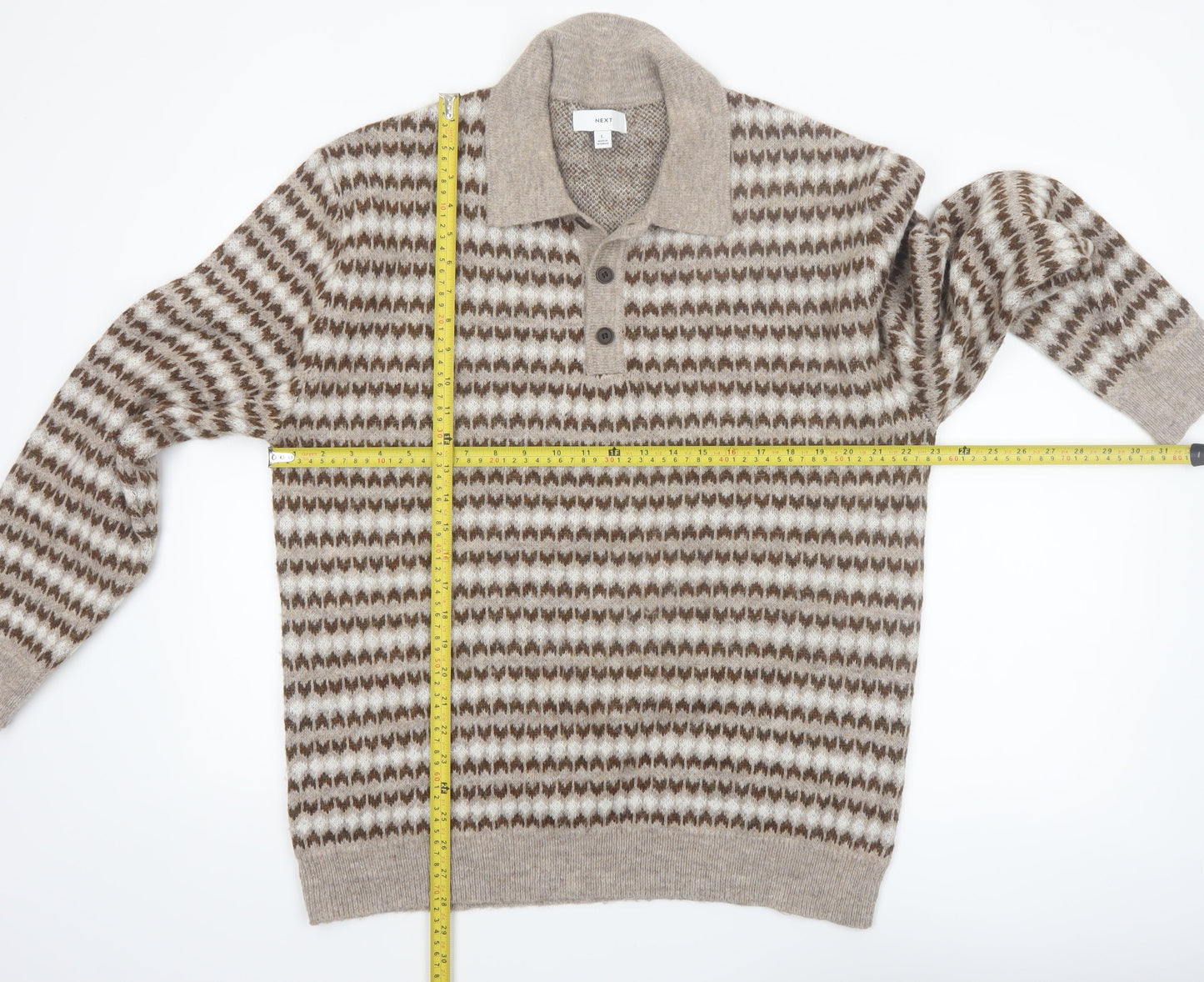 Next Men’s Beige Wool Blend Collared Henley Jumper Size L