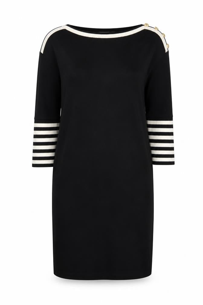 Liz Claiborne Women Black Petite S Striped Shift Knit Dress