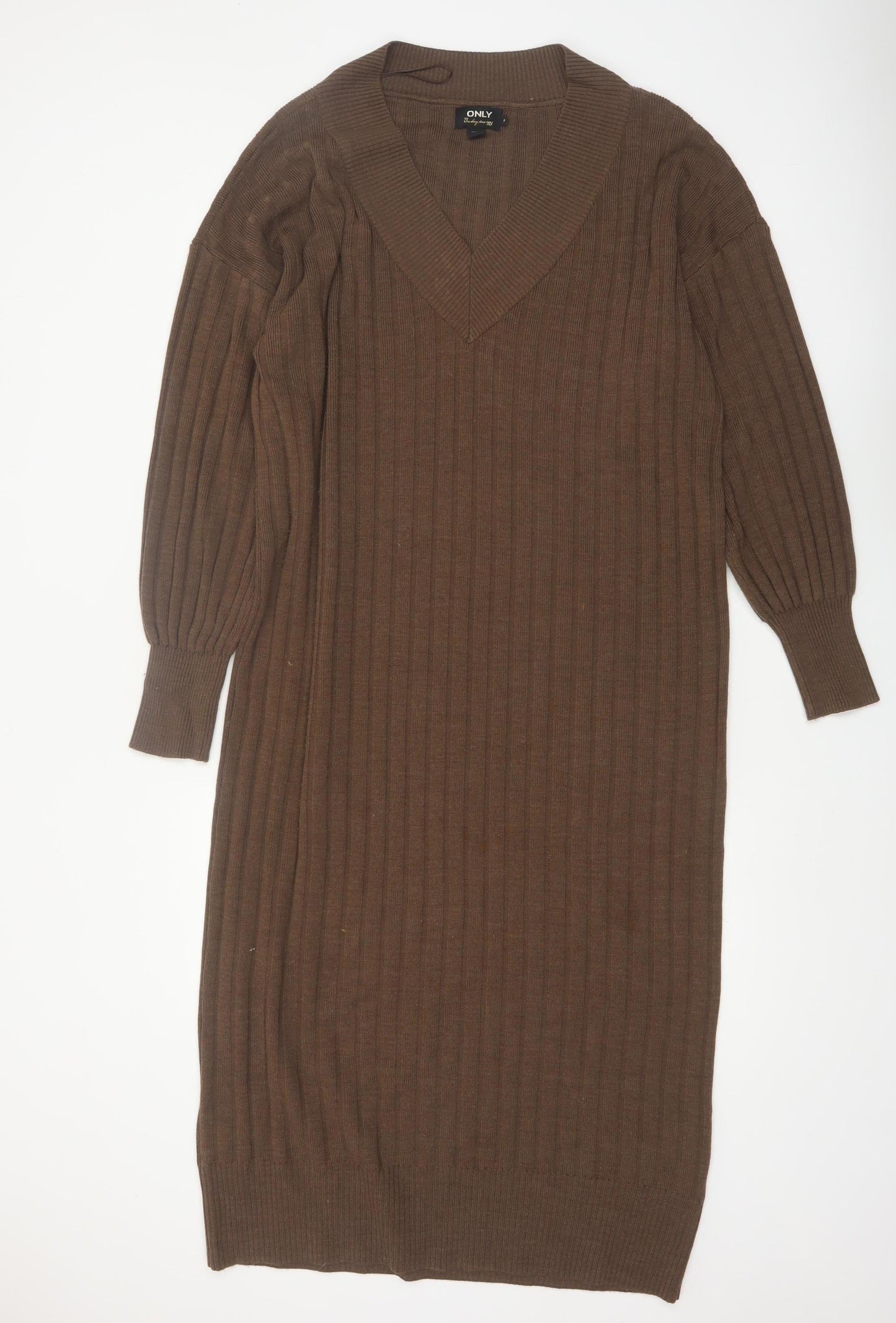 ONLY Women’s Brown Ribbed Knit Midi Jumper Dress M V-Neck Long Sleeve