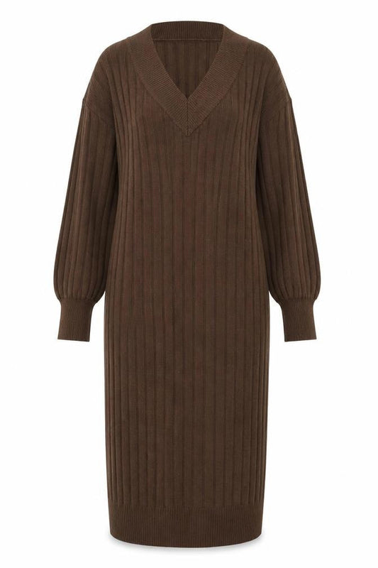 Only Women’s Brown Ribbed Knit Midi Jumper Dress M V-Neck Long Sleeve