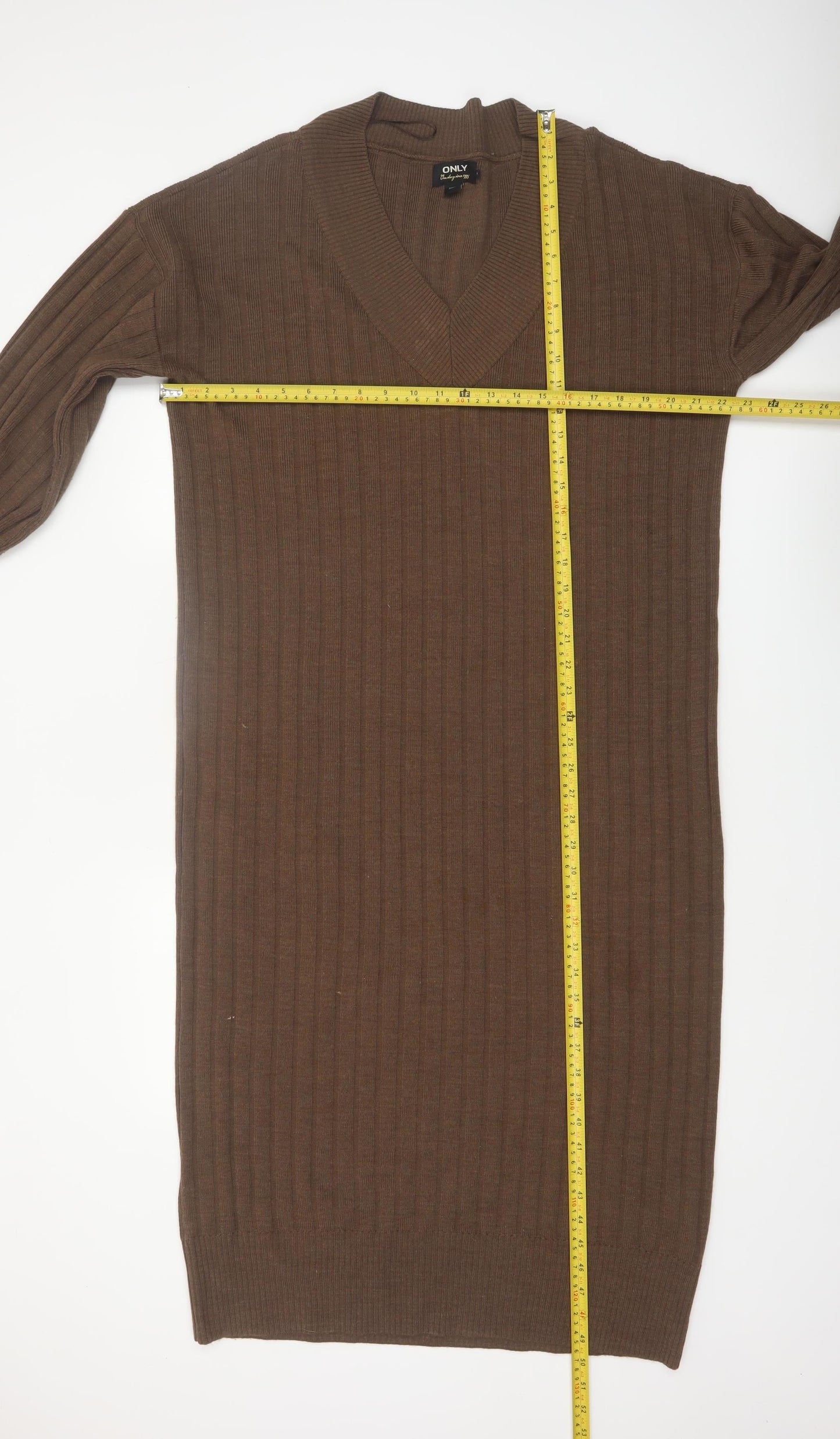 ONLY Women’s Brown Ribbed Knit Midi Jumper Dress M V-Neck Long Sleeve