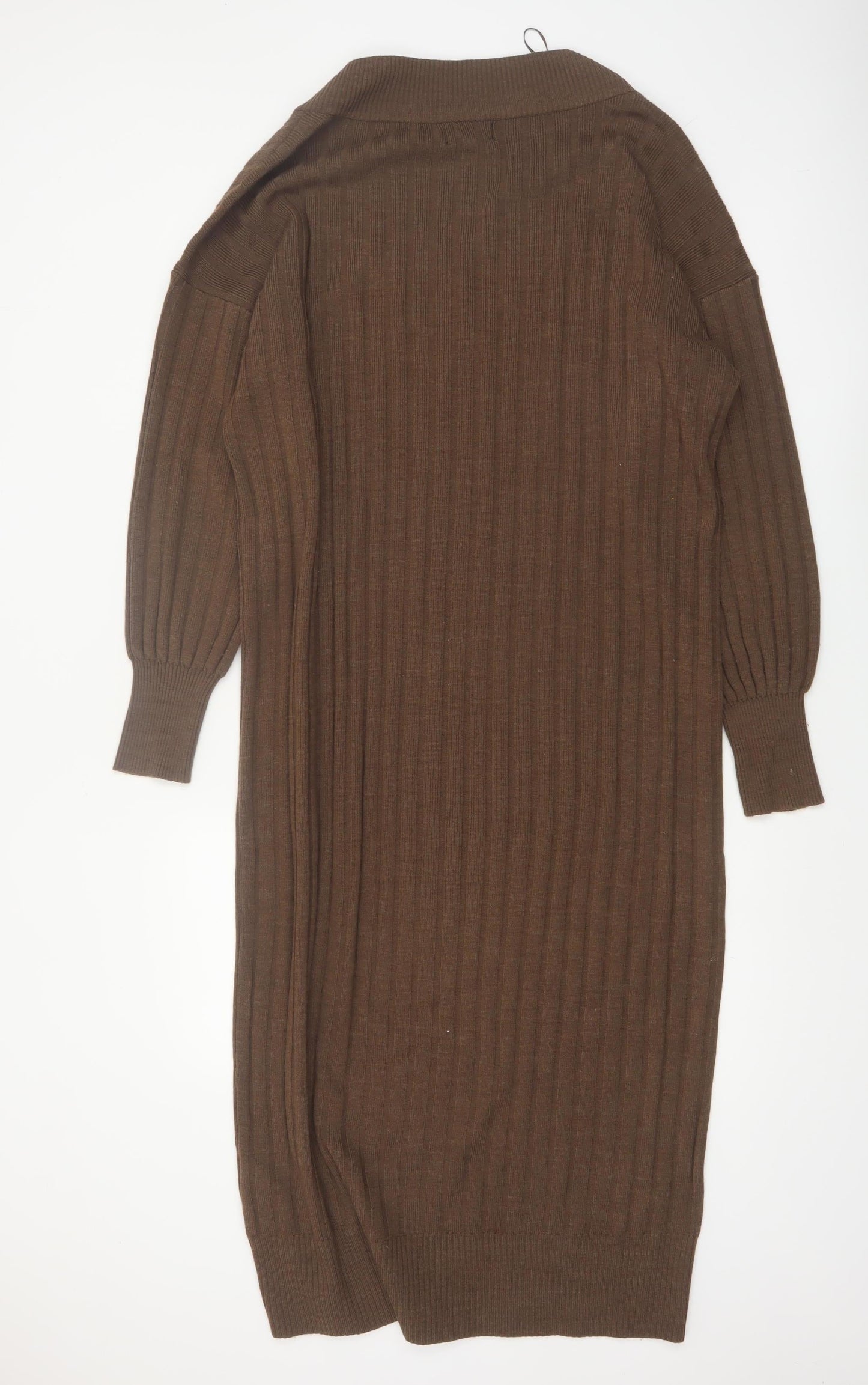 ONLY Women’s Brown Ribbed Knit Midi Jumper Dress M V-Neck Long Sleeve