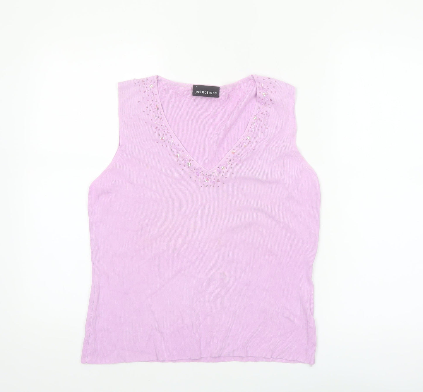 Principles Women Pink Beaded V-Neck Sleeveless Knit Tank Top Size 16