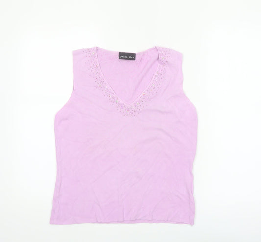 Principles Women Pink Beaded V-Neck Sleeveless Knit Tank Top Size 16