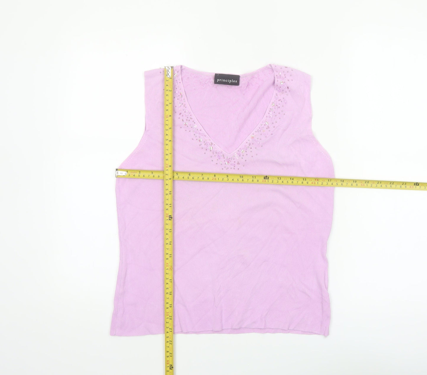 Principles Women Pink Beaded V-Neck Sleeveless Knit Tank Top Size 16