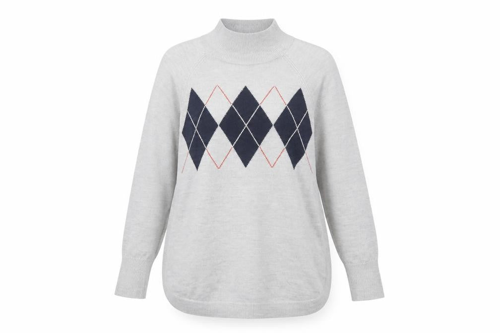 Marks & Spencer Women's Grey Argyle Mock Neck Knit Jumper Size M