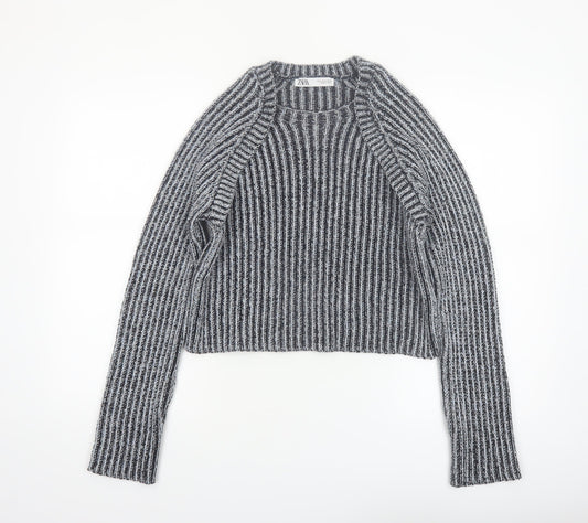 Zara Women Grey Striped Chunky-Knit Pullover Jumper Size 12