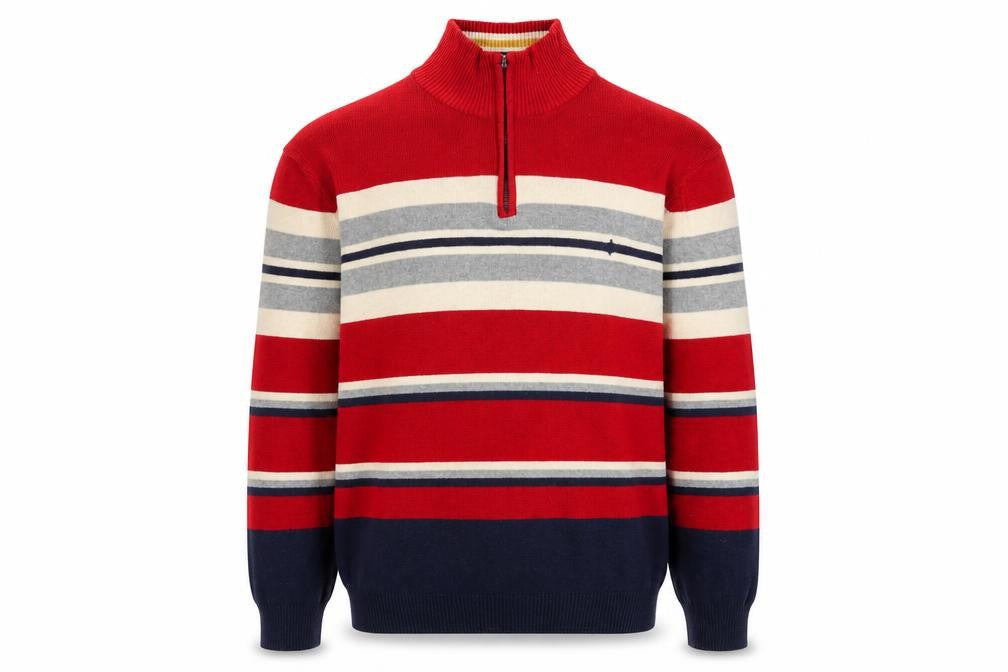 Maine New England Men's Red Striped Cotton 1/2 Zip Jumper Size S
