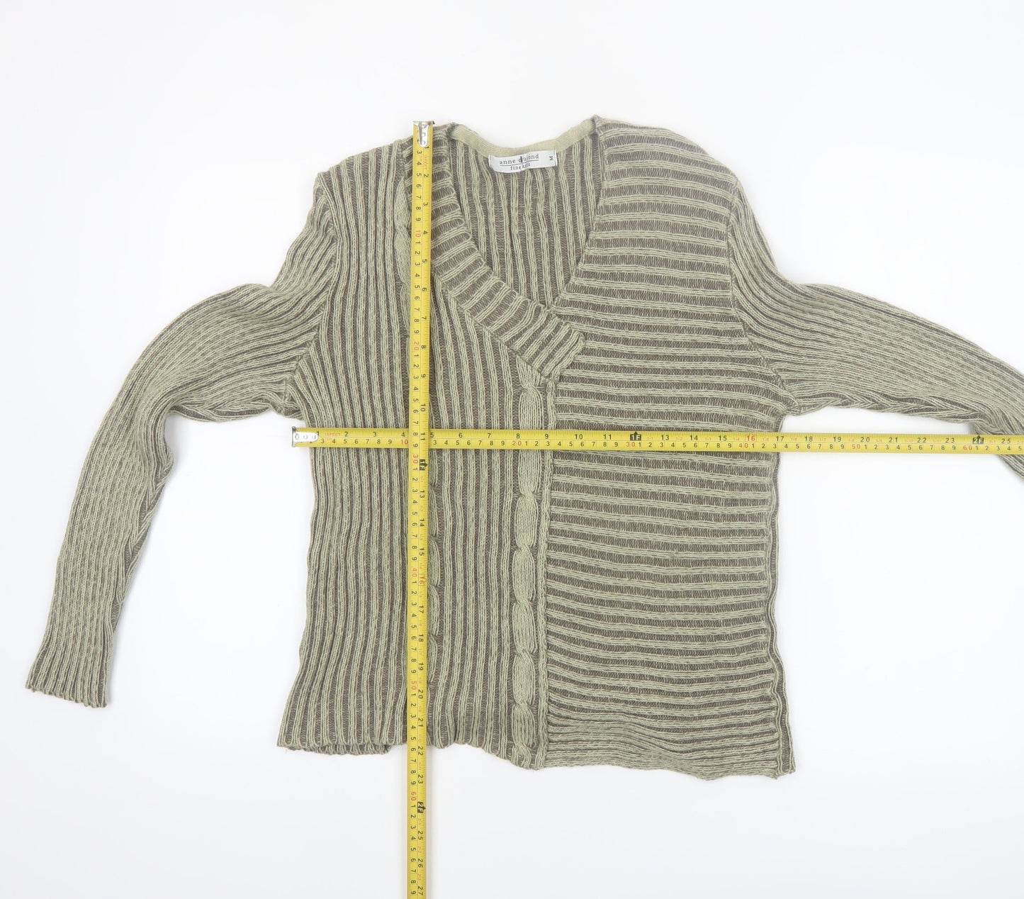 Anne Camond Women's Beige Wool Blend V-Neck Knit Cardigan M