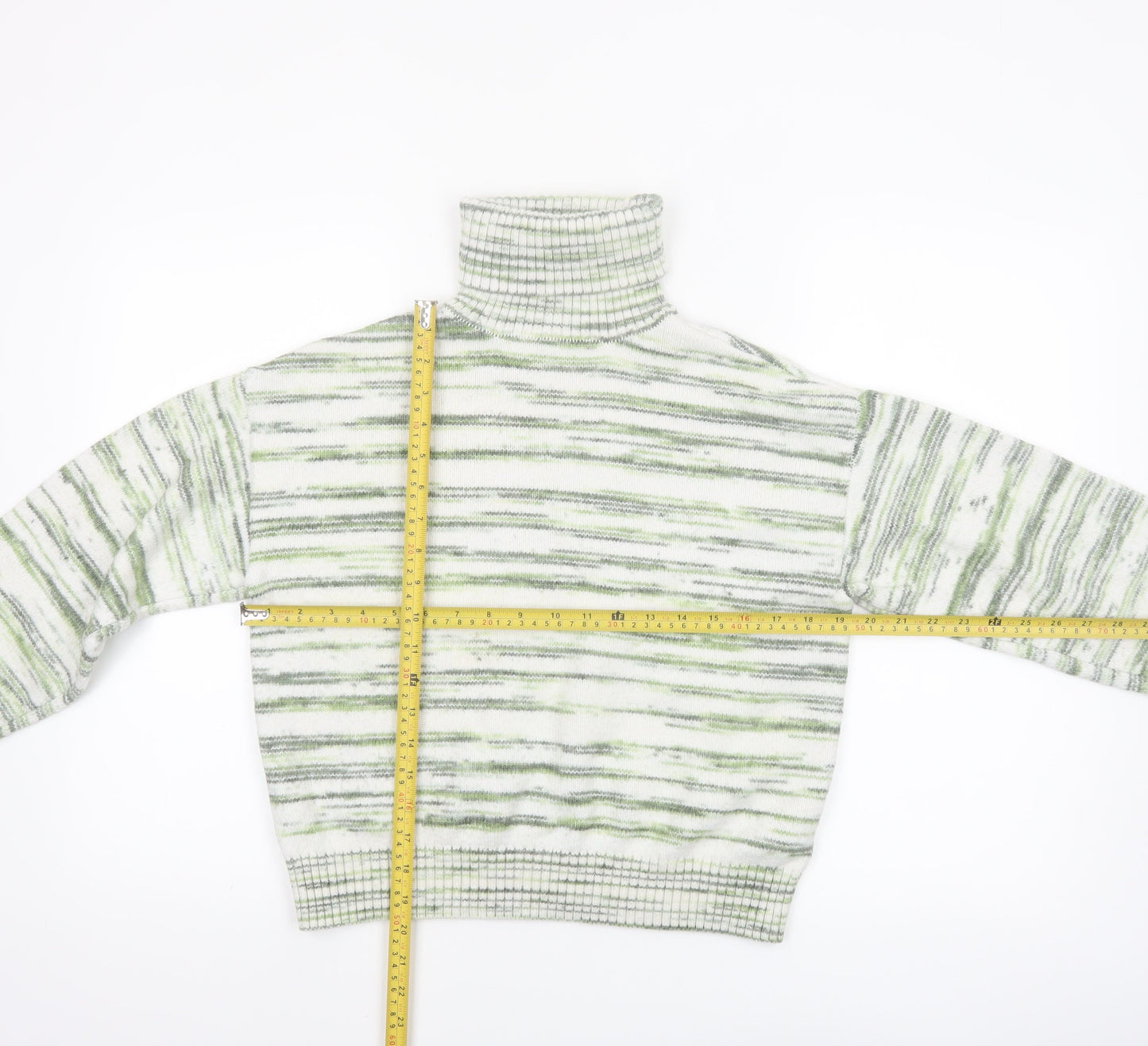 Marks and Spencer Women's Green Striped Roll Neck Jumper Size M