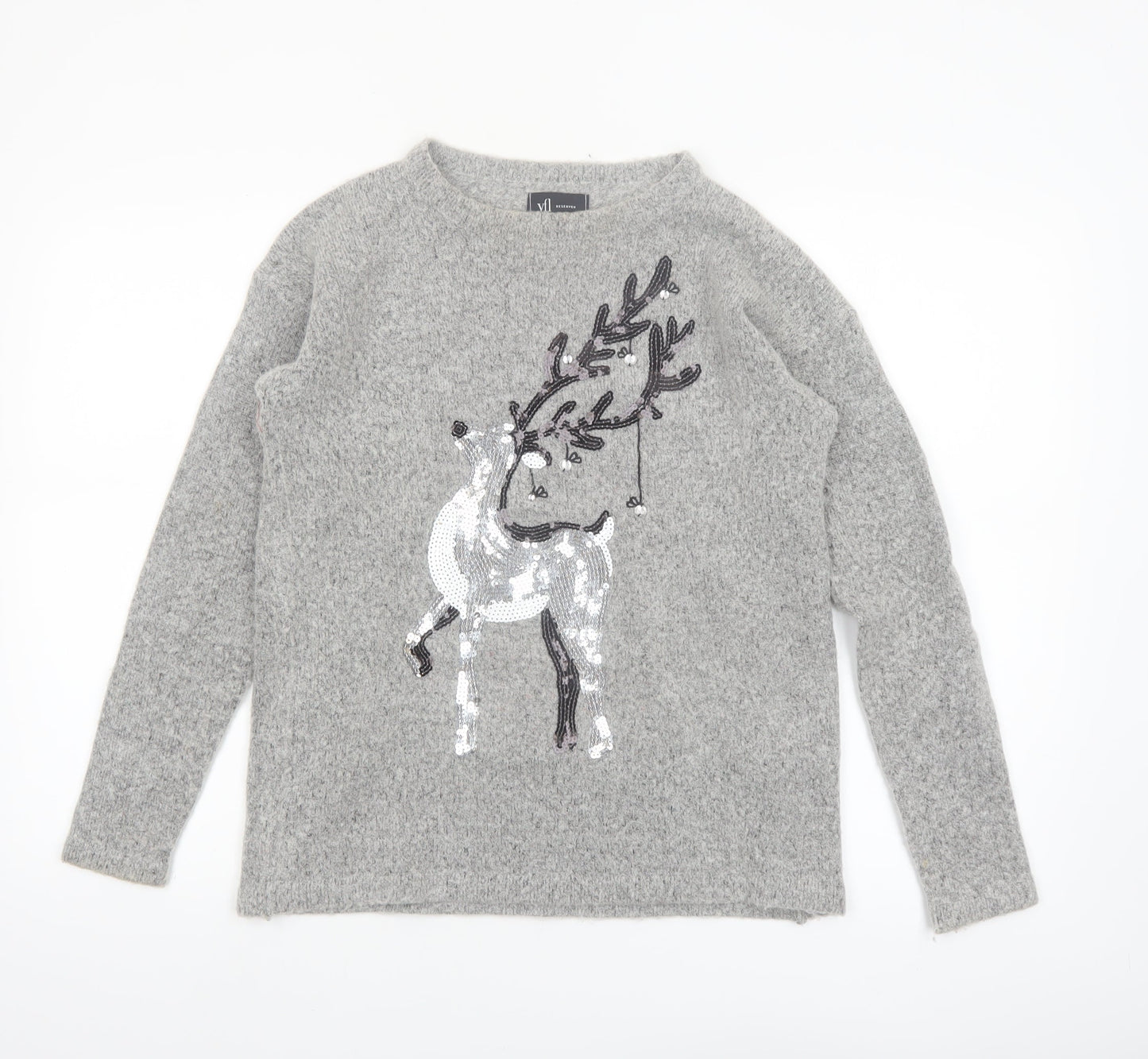 Reserved YFL Womens Grey Sequin Reindeer Christmas Jumper Size M