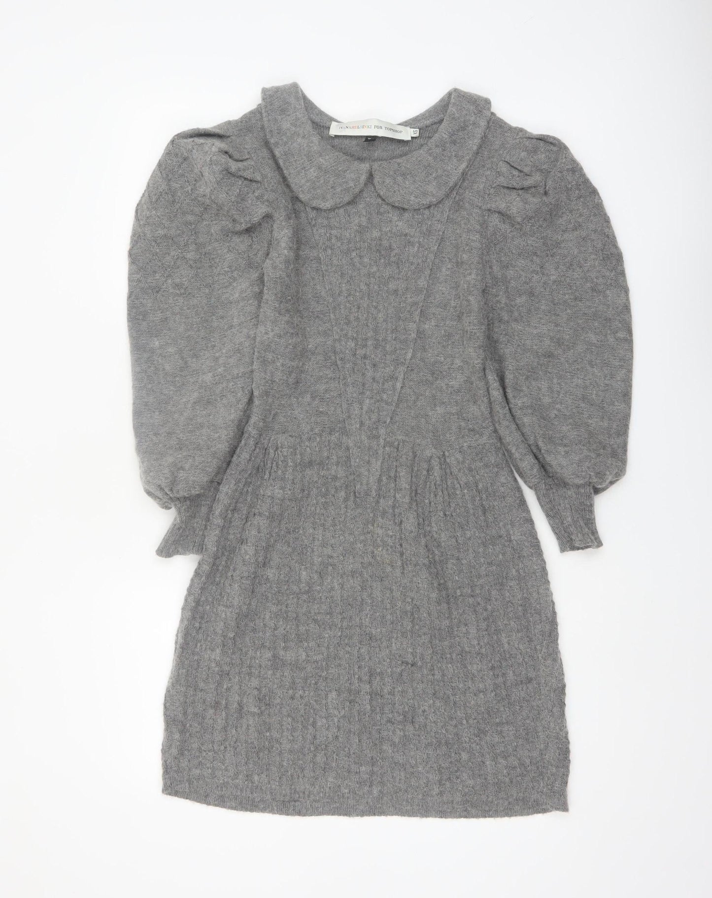 Topshop Women’s Grey Knit Jumper Dress XS Long Puff Sleeve Collared
