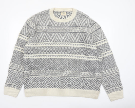 River Island Men Grey White Crew Neck Wool Blend Pullover Jumper XXL
