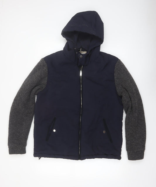 Reiss Men's Blue Wool Blend Hooded Bomber Jacket L