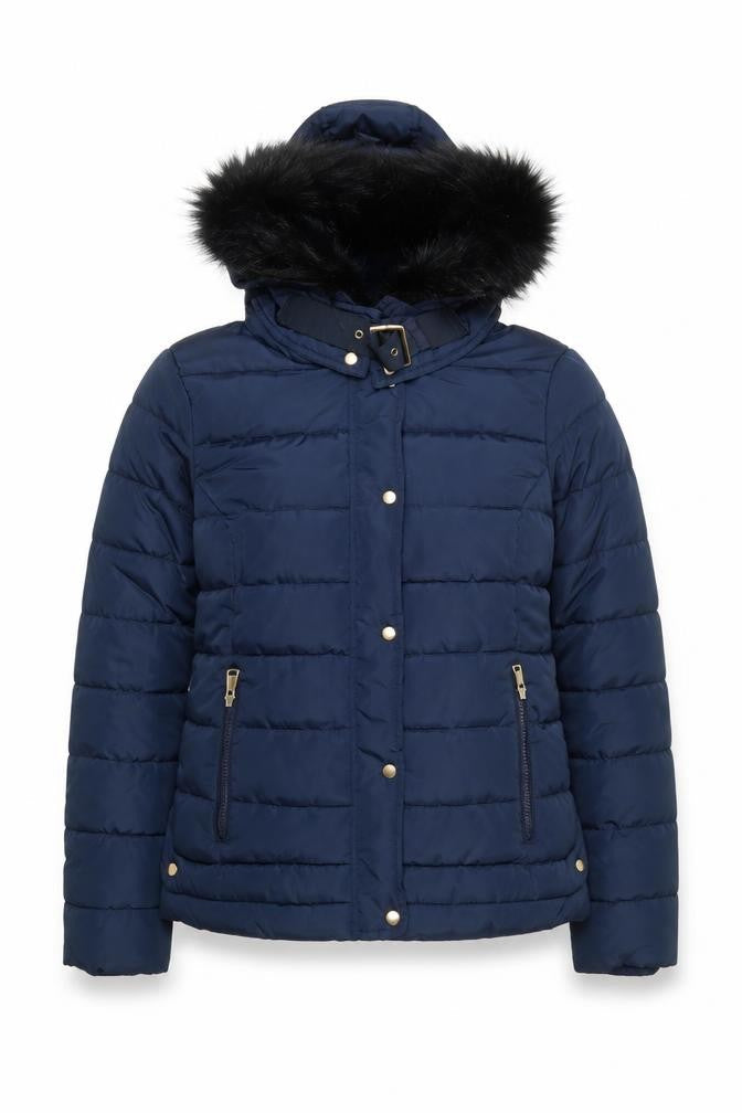 Red Chilli Women’s Blue Hooded Puffer Jacket Size 10 Fur Trim Winter Coat