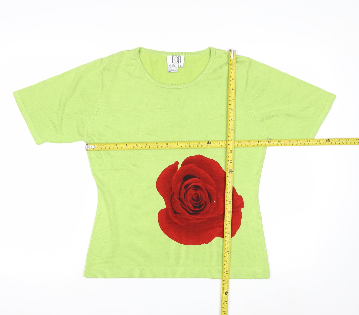 DON Womens Green Silk Blend Rose Print Short Sleeve Pullover Jumper L