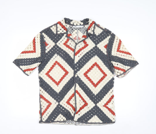 Zara Men's Multicoloured Crochet Cardigan M Retro Geometric