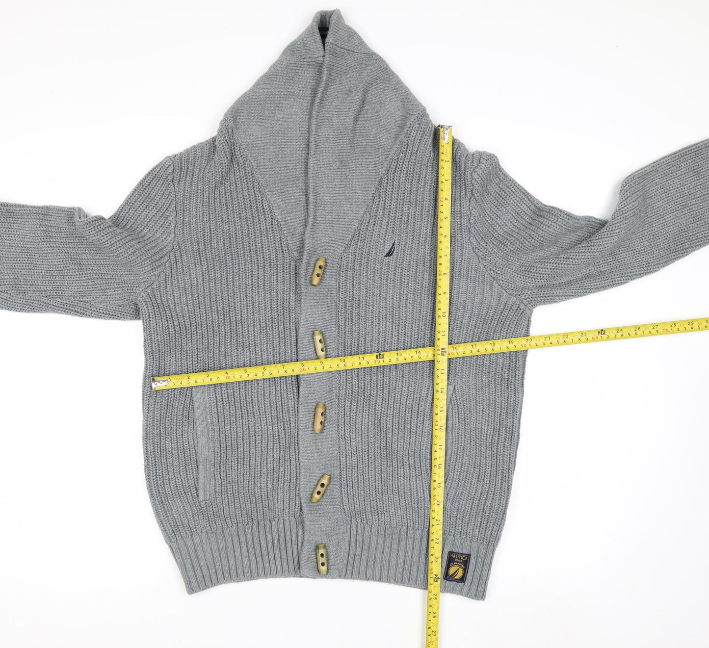 Nautica Men's Grey Cotton Chunky-Knit Shawl Collar Cardigan M