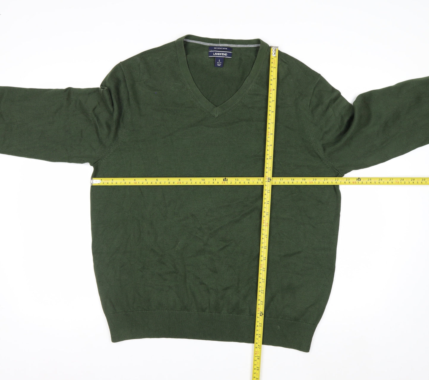 Lands' End Men's Green Cotton V-Neck Jumper Size L