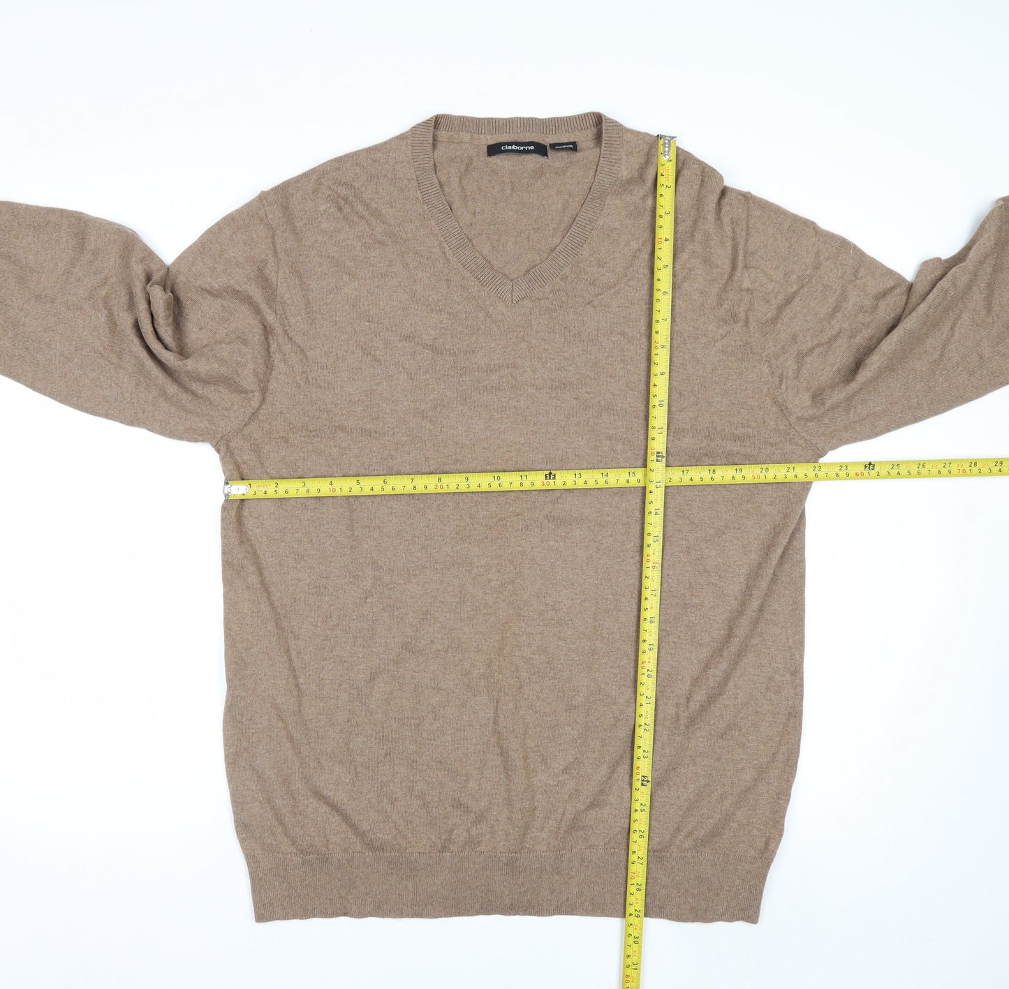 Claiborne Men's Beige V-Neck Cotton Cashmere Jumper XL