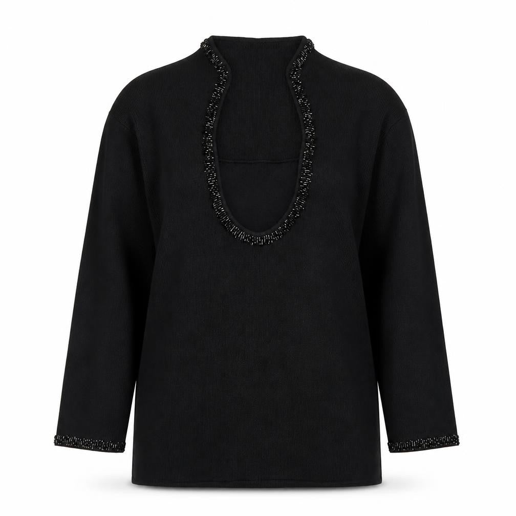 Cyrus Women's Black Beaded Scoop Neck Knit Jumper Medium