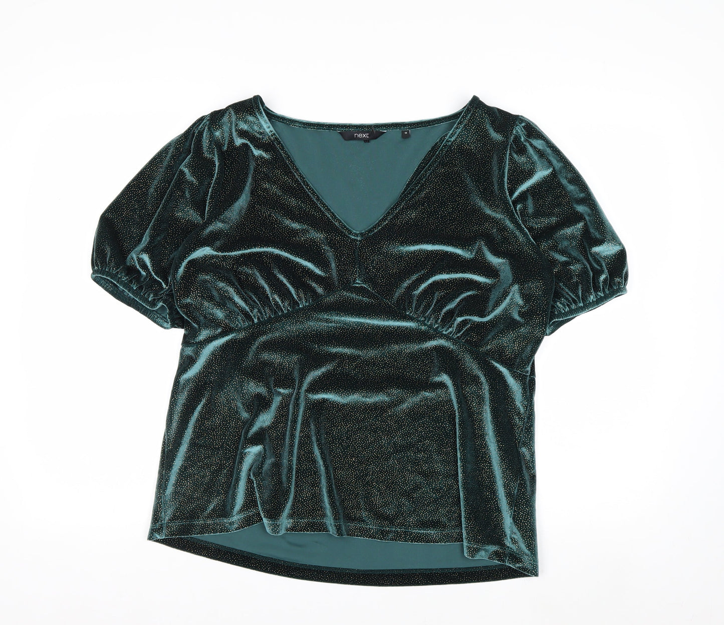 Next Women's Green Velvet V-Neck Puff Sleeve Tunic Blouse Size 16
