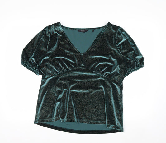Next Women's Green Velvet V-Neck Puff Sleeve Tunic Blouse Size 16