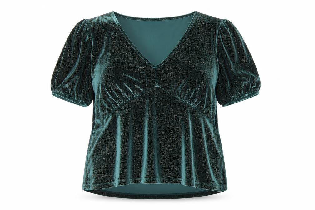 Next Women's Green Velvet V-Neck Puff Sleeve Tunic Blouse Size 16