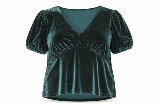 Next Women's Green Velvet V-Neck Puff Sleeve Tunic Blouse Size 16