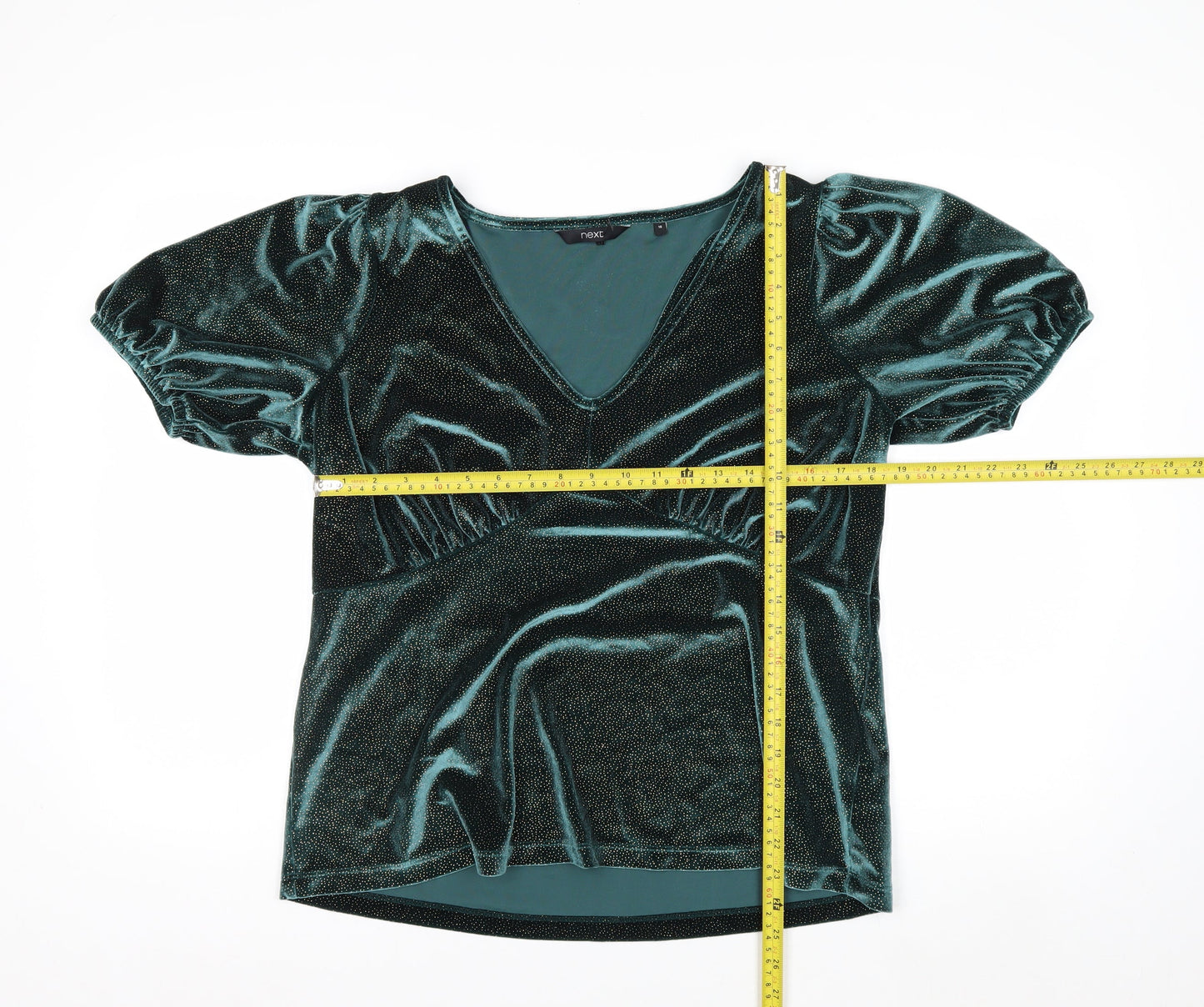 Next Women's Green Velvet V-Neck Puff Sleeve Tunic Blouse Size 16