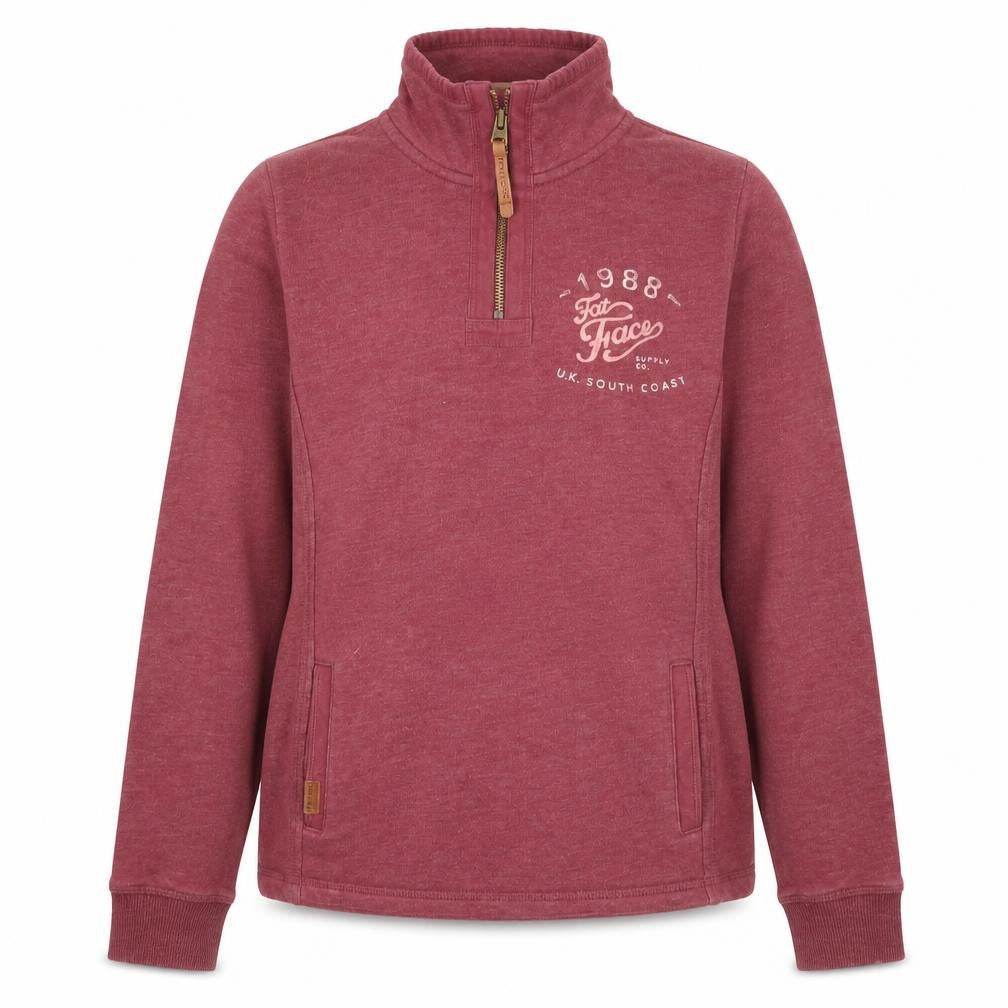 FatFace Women's Red Garnet 1/4 Zip Sweatshirt Size 8 Cotton Blend