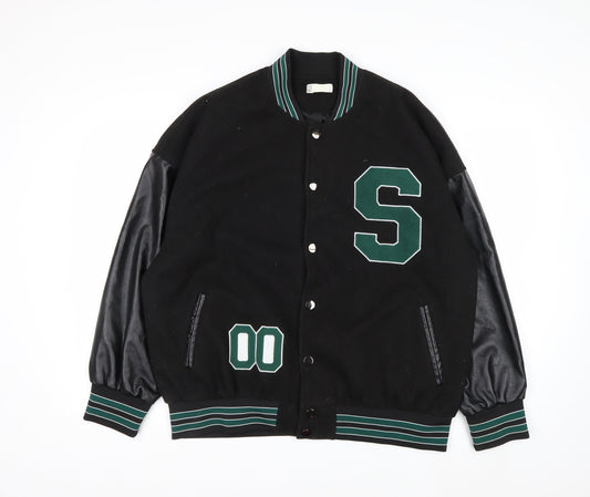 STYLE GANG Men's Black Varsity Jacket L Wool & Faux Leather Retro