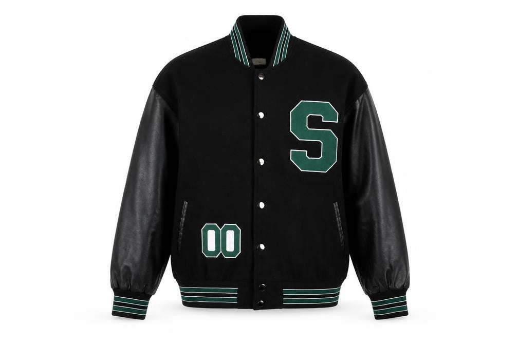 STYLE GANG Men's Black Varsity Jacket L Wool & Faux Leather Retro